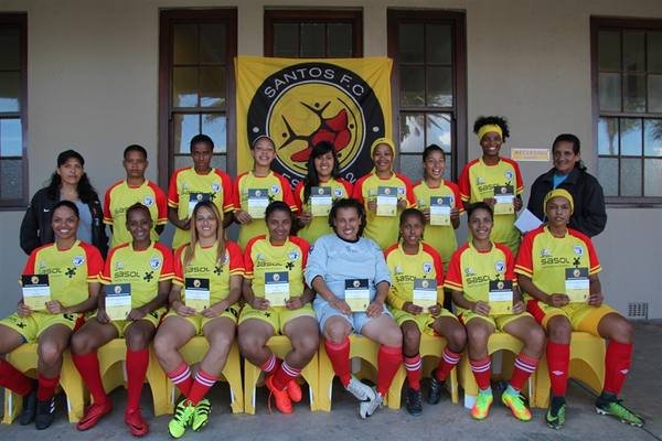 Santos FC Ladies Team squad photo with certificates at the clubhouse